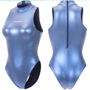 LEOHEX Metallic Blue Spandex High-Neck Back-Zip Leotard Swimsuit XXL